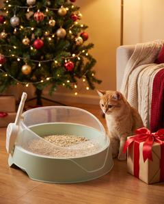 Litter box beside a Christmas tree with a ginger cat and a gift