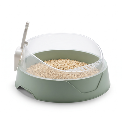 Sage green semi-enclosed cat litter box with clear splash shield and clip-on scoop