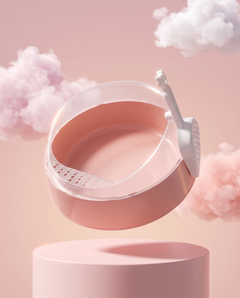 Blush pink litter box floating above a podium among clouds