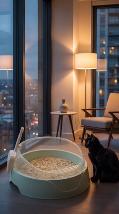Litter box in a modern apartment at dusk with a black cat